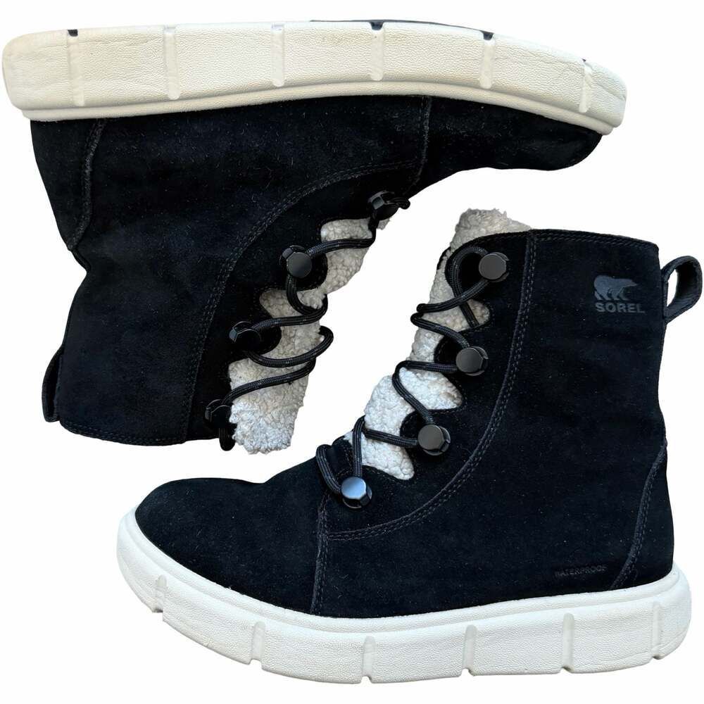 SOREL Explorer III Joan Waterproof Suede and Faux Fur Boots in Black Chalk